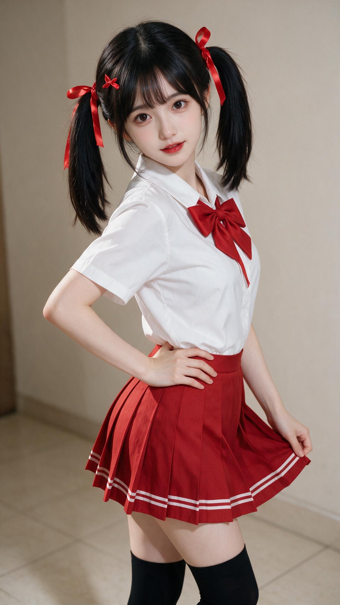 Nanobanana Pro 生成 红丝带双马尾水手服少女写实人像 - AI绘画提示词