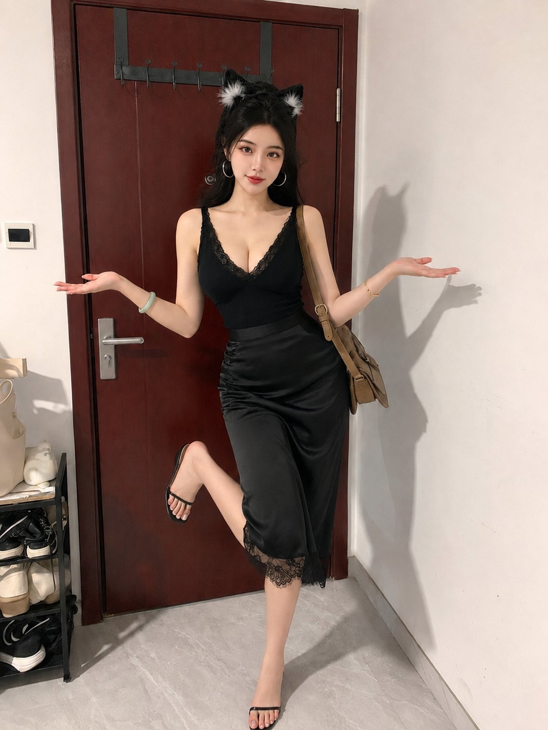 Nanobanana Pro 生成 公寓玄关黑裙猫耳亚裔美女写实全身像 - AI绘画提示词