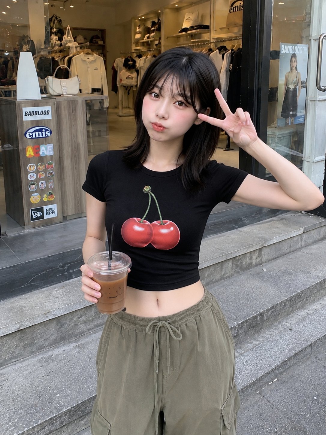 Nanobanana Pro 生成 时尚精品店外的日本少女手机直拍 - AI绘画提示词