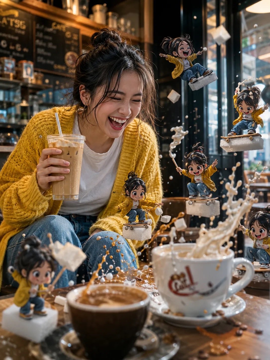Nanobanana Pro 生成 超写实电影摄影黄色开衫女子与卡通分身 - AI绘画提示词
