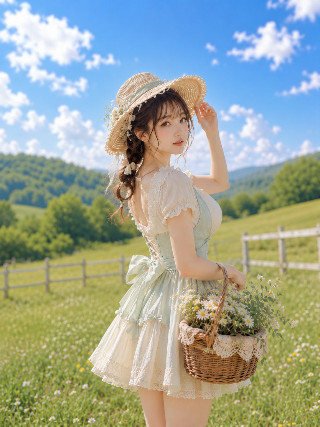 Nanobanana Pro 生成 草原牧场运送白花的田园风少女 - AI绘画提示词
