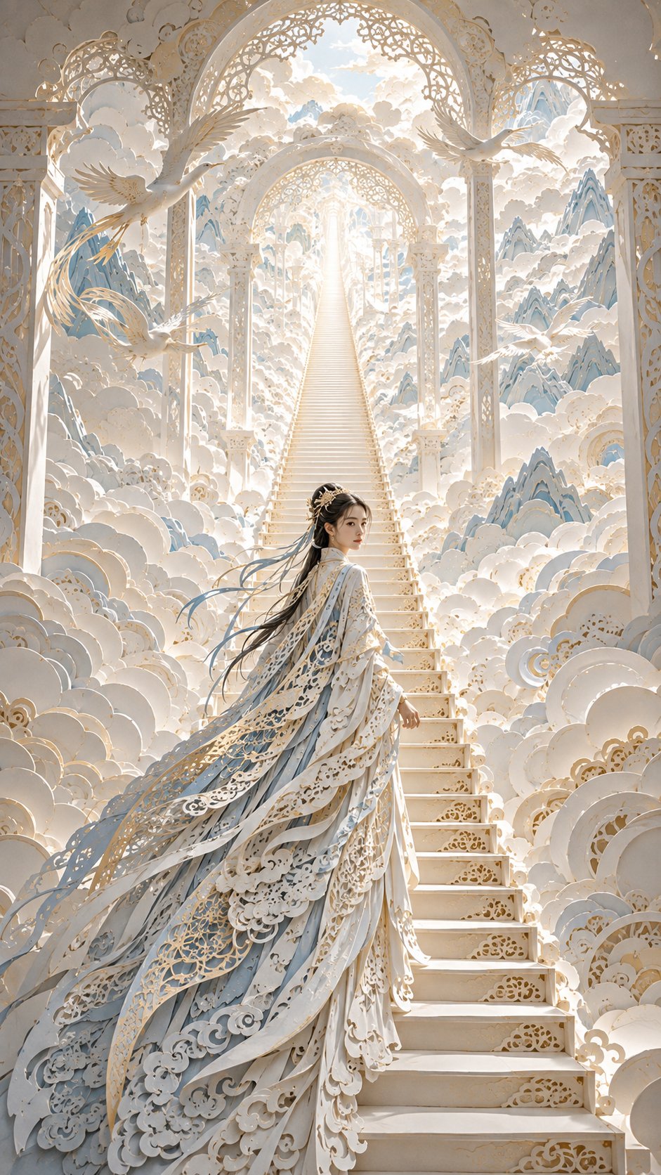 Nanobanana Pro 生成 东方女性梦境无尽长阶立体纸雕艺术 - AI绘画提示词
