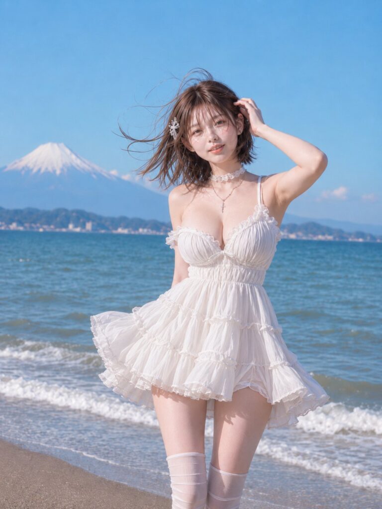 Nanobanana Pro 生成 海风中舞动的白色褶边裙少女 - AI绘画提示词