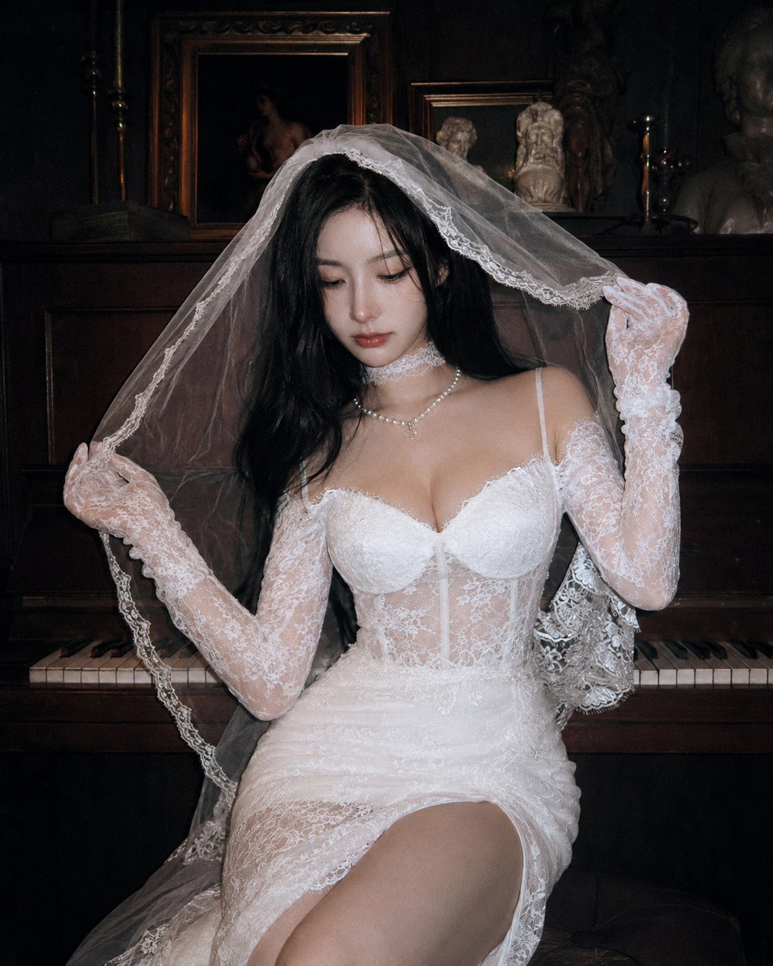 Nanobanana Pro 生成 复古胶片质感钢琴少女蕾丝婚纱人像 - AI绘画提示词