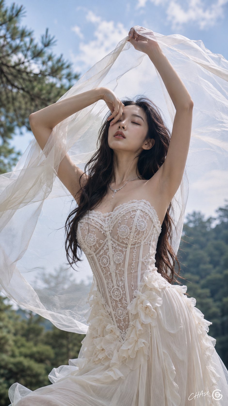 Nanobanana Pro 生成 森林仙境白色礼服女神低角度大片 - AI绘画提示词