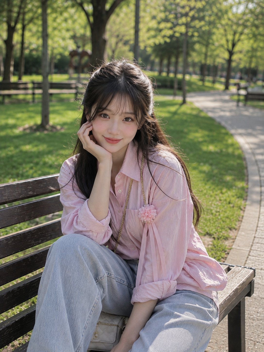 Nanobanana Pro 生成 春日公园长椅上的东亚美女 - AI绘画提示词