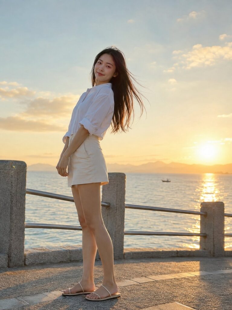 Nanobanana Pro 生成 海边夕阳日系清透超写实女性人像 - AI绘画提示词