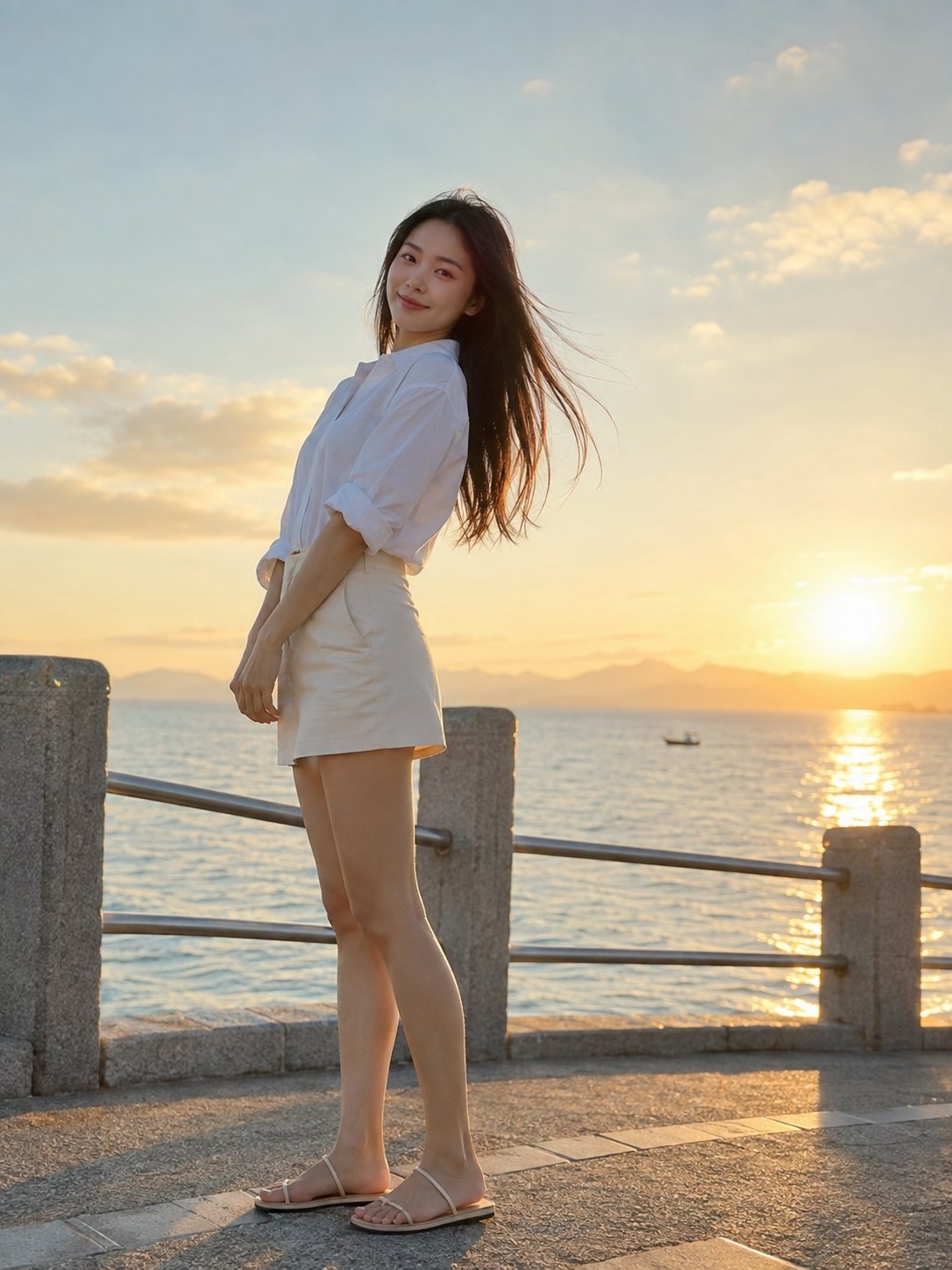 Seaside Sunset Realistic Asian Woman Portrait | 海边夕阳日系清透超写实女性人像 2 Nanobanana Pro 生成 海边夕阳日系清透超写实女性人像 - AI绘画提示词