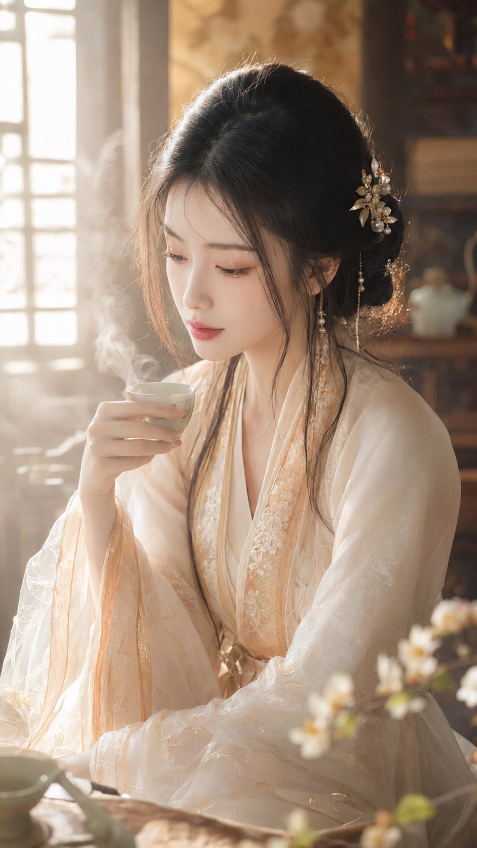 Nanobanana Pro 生成 古风仙侠清雅女主写真茶烟暖阁晨光 - AI绘画提示词