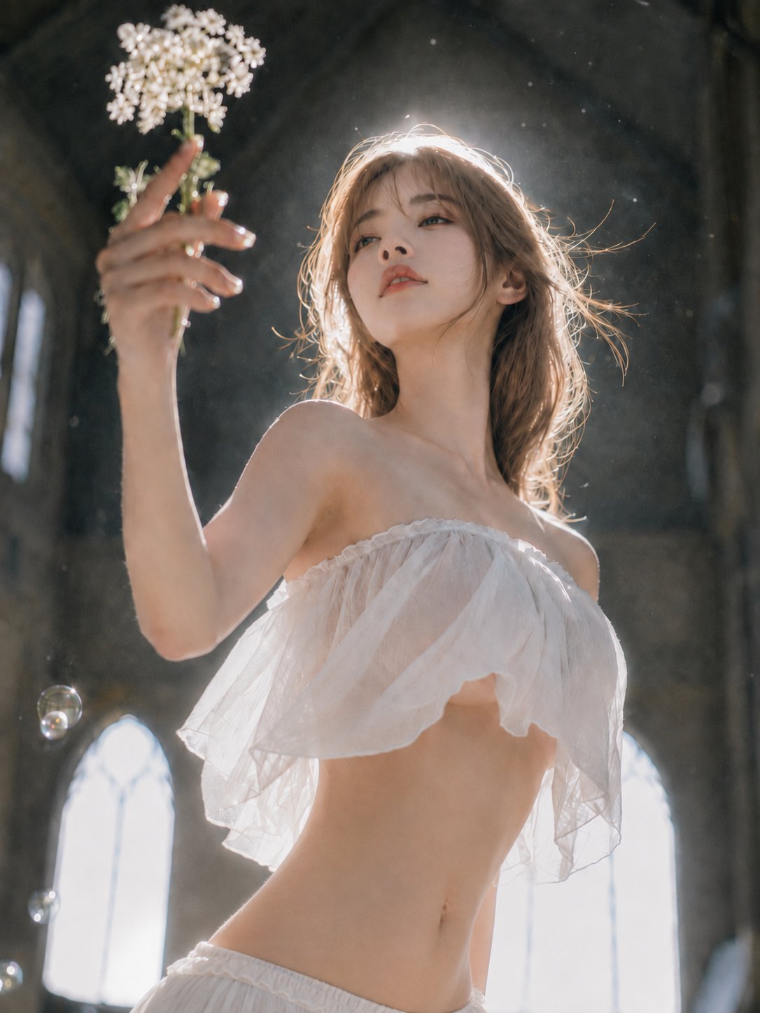 Nanobanana Pro 生成 逆光中举起白花的少女低视角肖像 - AI绘画提示词