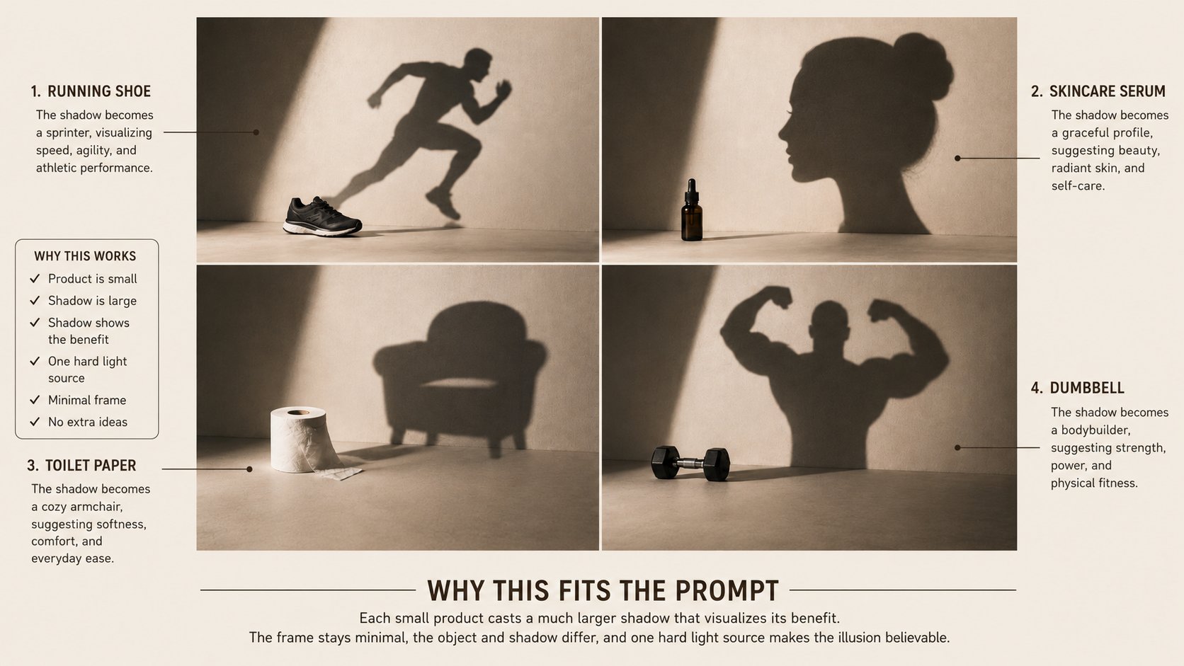 Minimalist Product Shadow Creative Ad Prompt | 极简光影创意产品广告提示词 2 Nanobanana Pro 生成 极简光影创意产品广告提示词 - AI绘画提示词