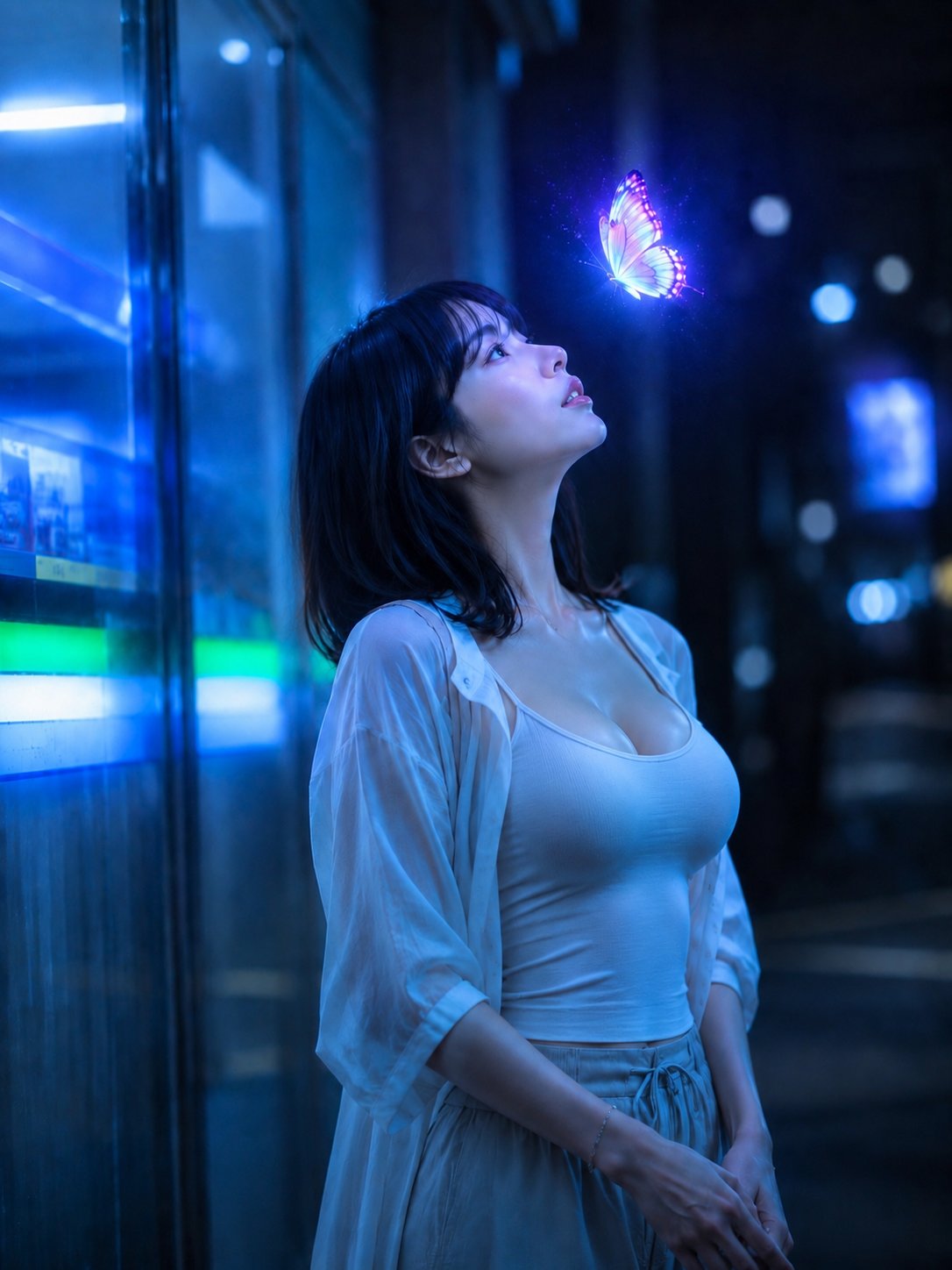 Nanobanana Pro 生成 蓝夜中浮起的蝴蝶幻想肖像 - AI绘画提示词