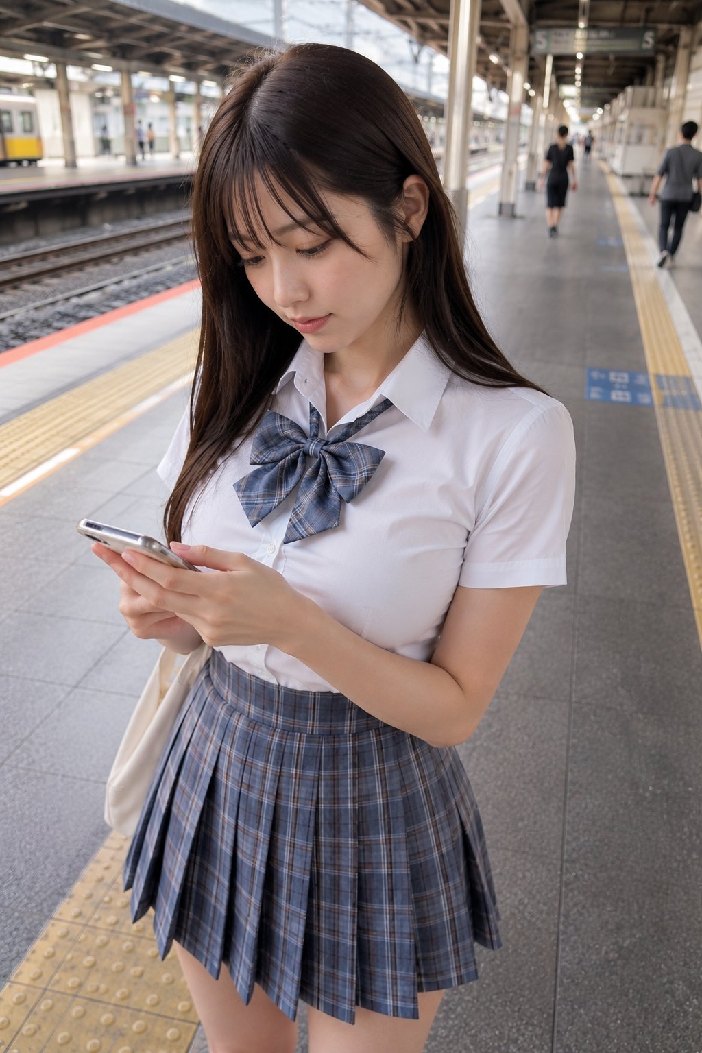 Nanobanana Pro 生成 车站月台低头看手机的日本年轻女性胶片感写真 - AI绘画提示词