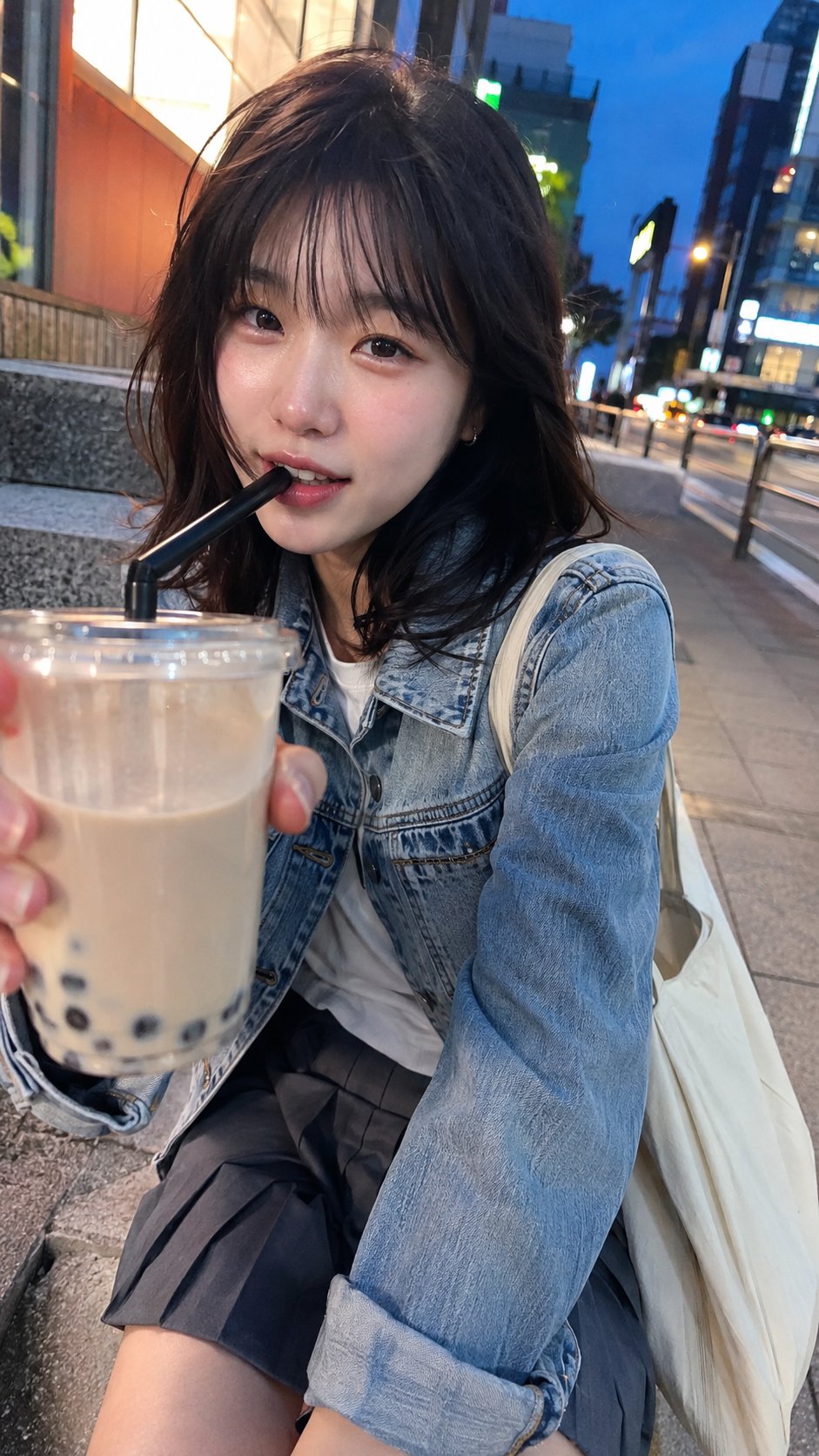 Nanobanana Pro 生成 蓝调傍晚街头韩系女友随手拍 - AI绘画提示词