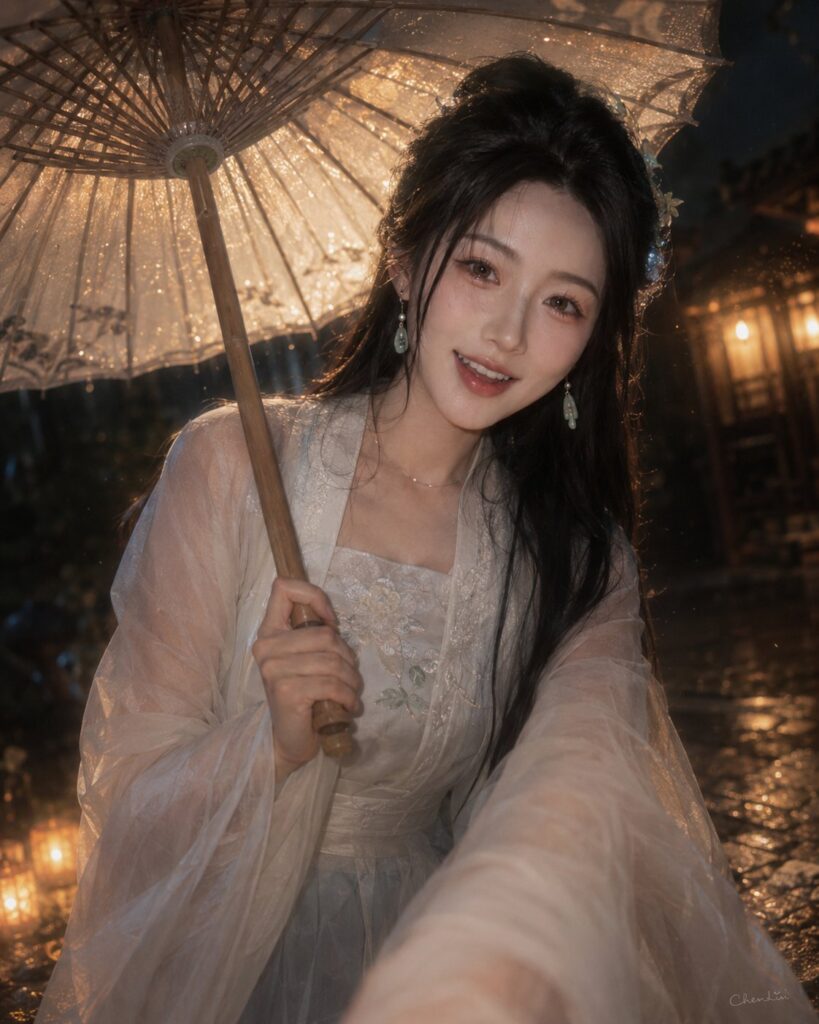Rainy Night Ancient Style Girlfriend Portrait | 雨夜古风女友感近距离写真 3 Nanobanana Pro 生成 雨夜古风女友感近距离写真 - AI绘画提示词