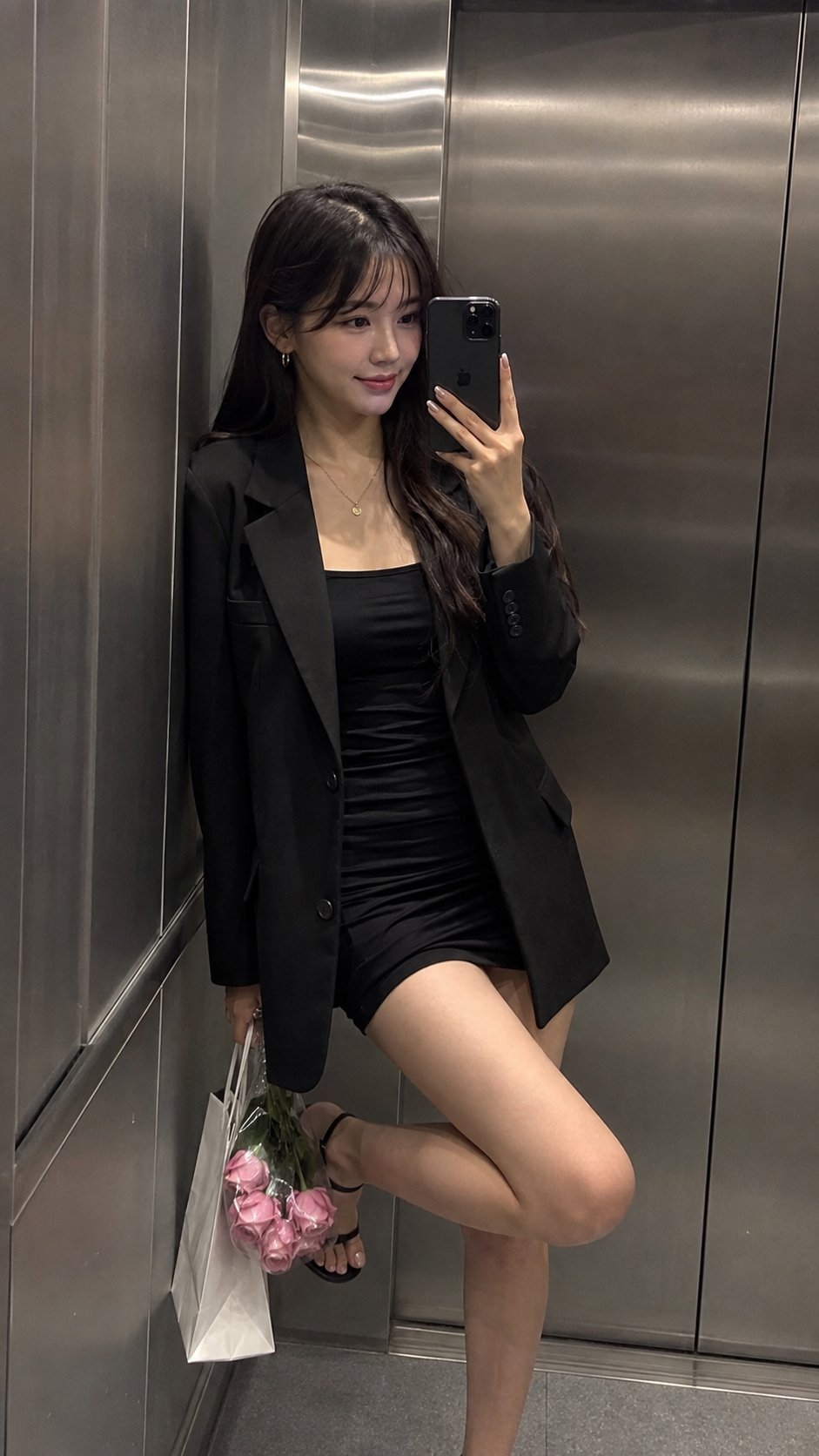 Nanobanana Pro 生成 现代电梯拉丝金属女性全身镜面自拍 - AI绘画提示词