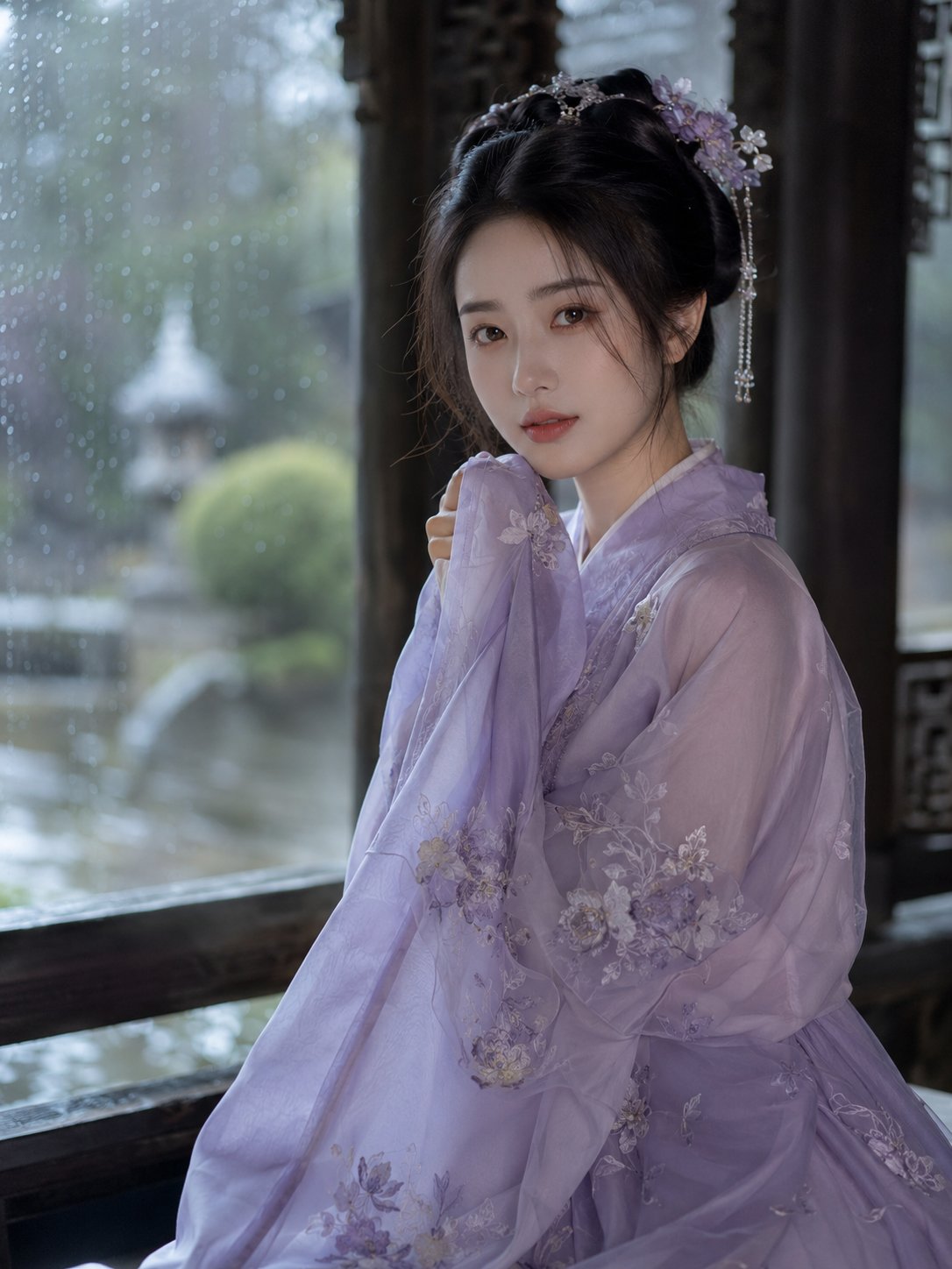 Nanobanana Pro 生成 古风写实韩系淡颜美女雨窗摄影 - AI绘画提示词