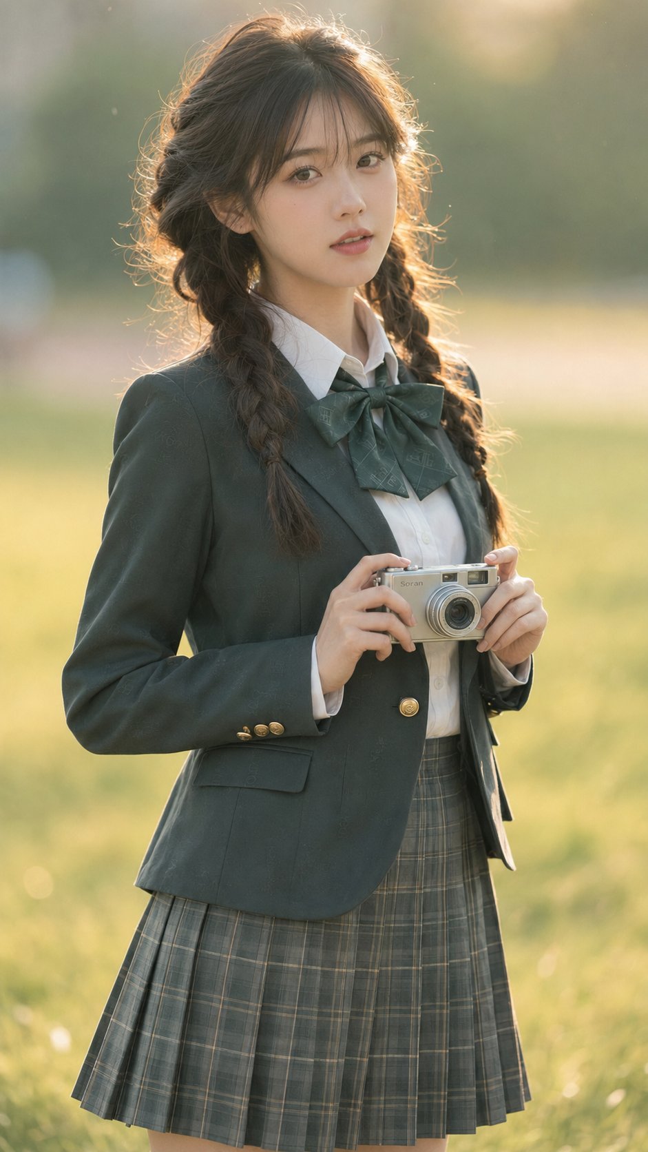 Nanobanana Pro 生成 东亚女性校园墨绿学院风人像摄影 - AI绘画提示词