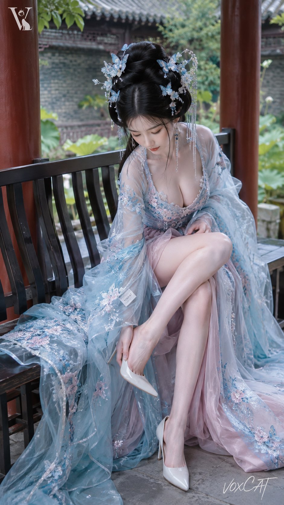 Nanobanana Pro 生成 冰蓝汉服仕女园林回廊低头穿鞋写真 - AI绘画提示词