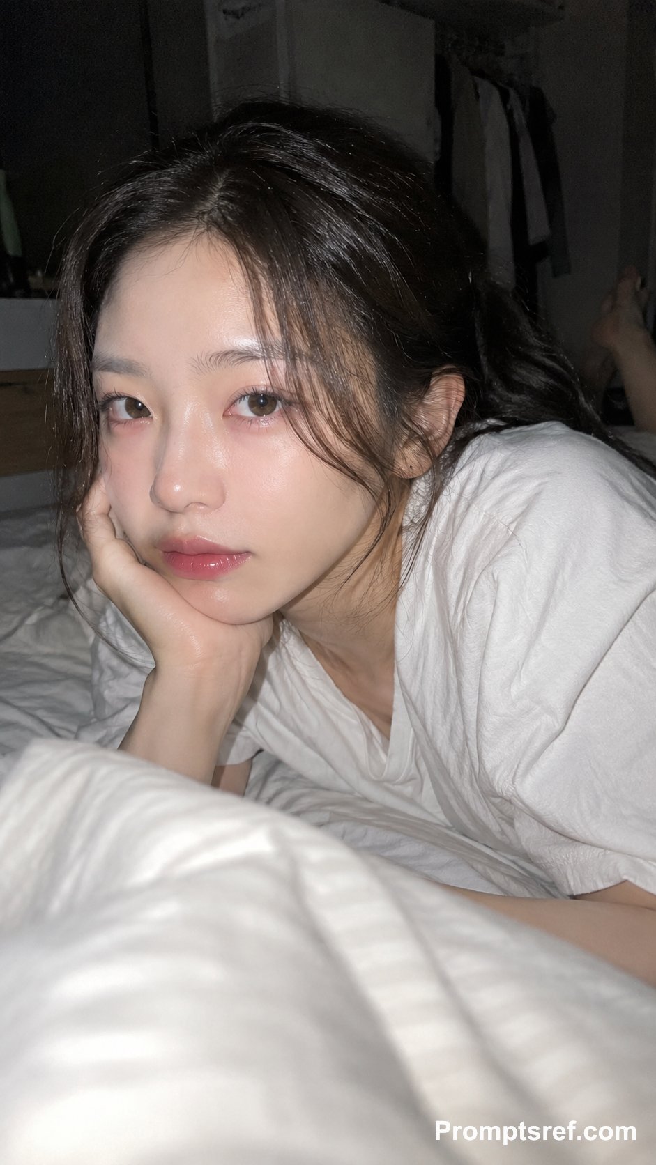 Nanobanana Pro 生成 韩国女友视角CCD直闪夜间卧室人像 - AI绘画提示词