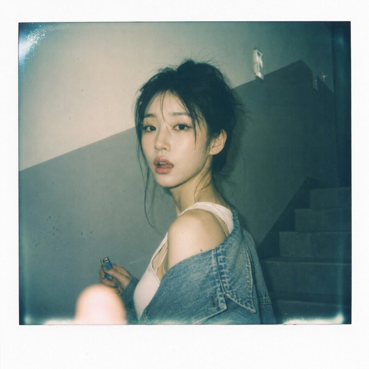 Nanobanana Pro 生成 拍立得昏暗楼梯间抓拍韩系少女 - AI绘画提示词