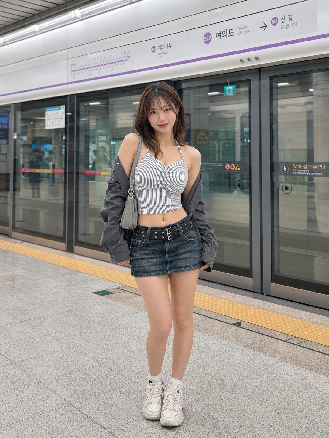 Nanobanana Pro 生成 地铁站韩国年轻女性时尚穿搭全身照 - AI绘画提示词