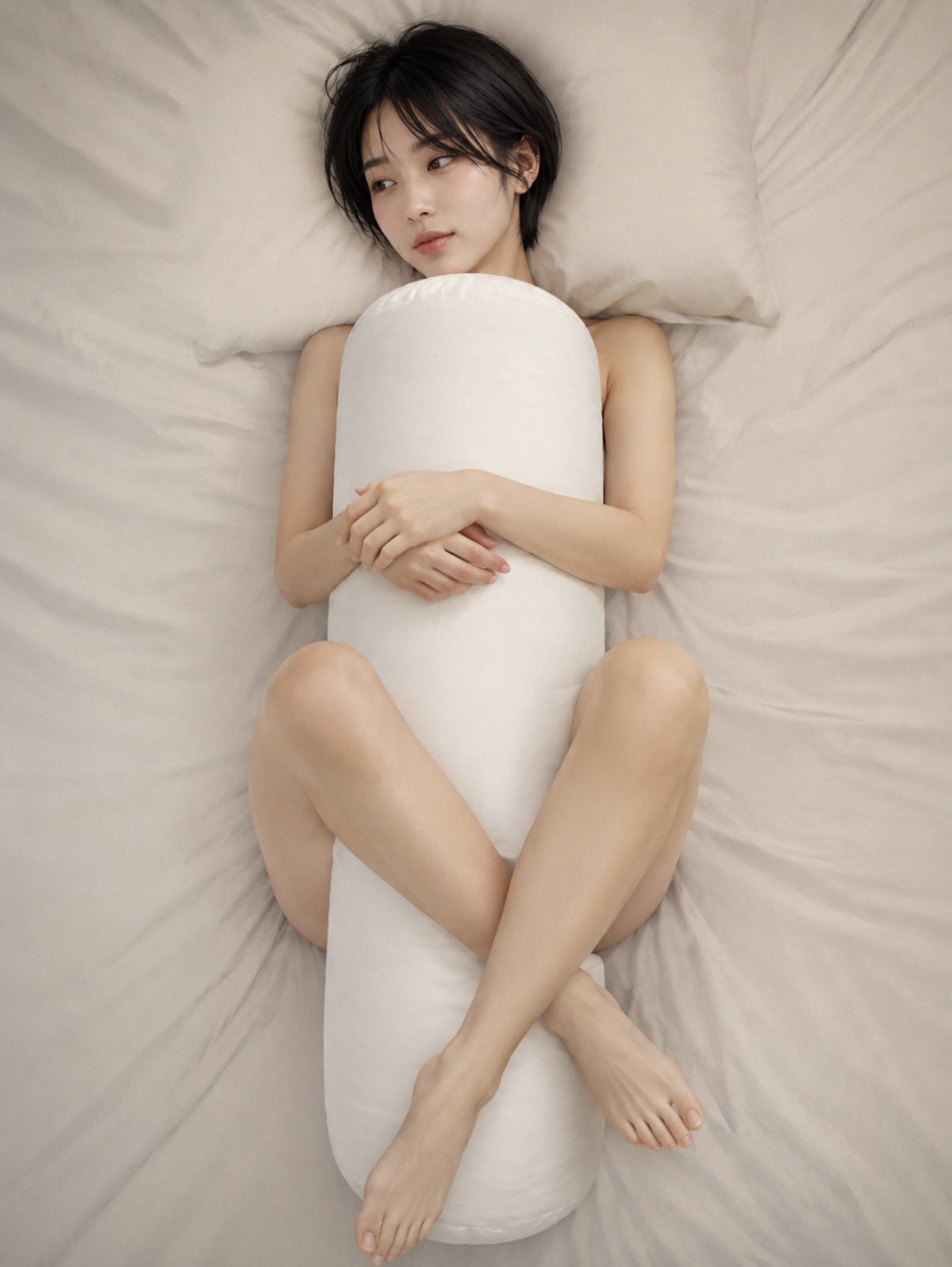 Bedroom Bed Supine Body Pillow Composition | 卧室床铺仰卧抱枕少女构图 2 Nanobanana Pro 生成 卧室床铺仰卧抱枕少女构图 - AI绘画提示词