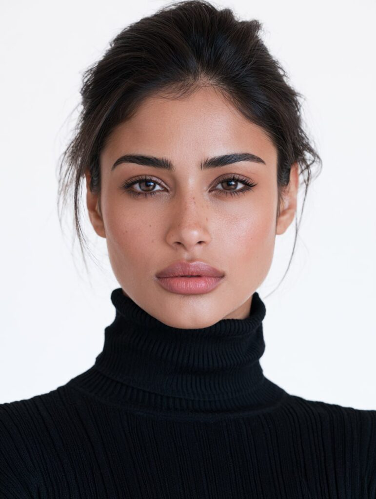 Attractive South Asian Indian Female Model Black Turtleneck | 南亚印度女性模特黑色罗纹针织高领衫 5 Nanobanana Pro 生成 南亚印度女性模特黑色罗纹针织高领衫 - AI绘画提示词