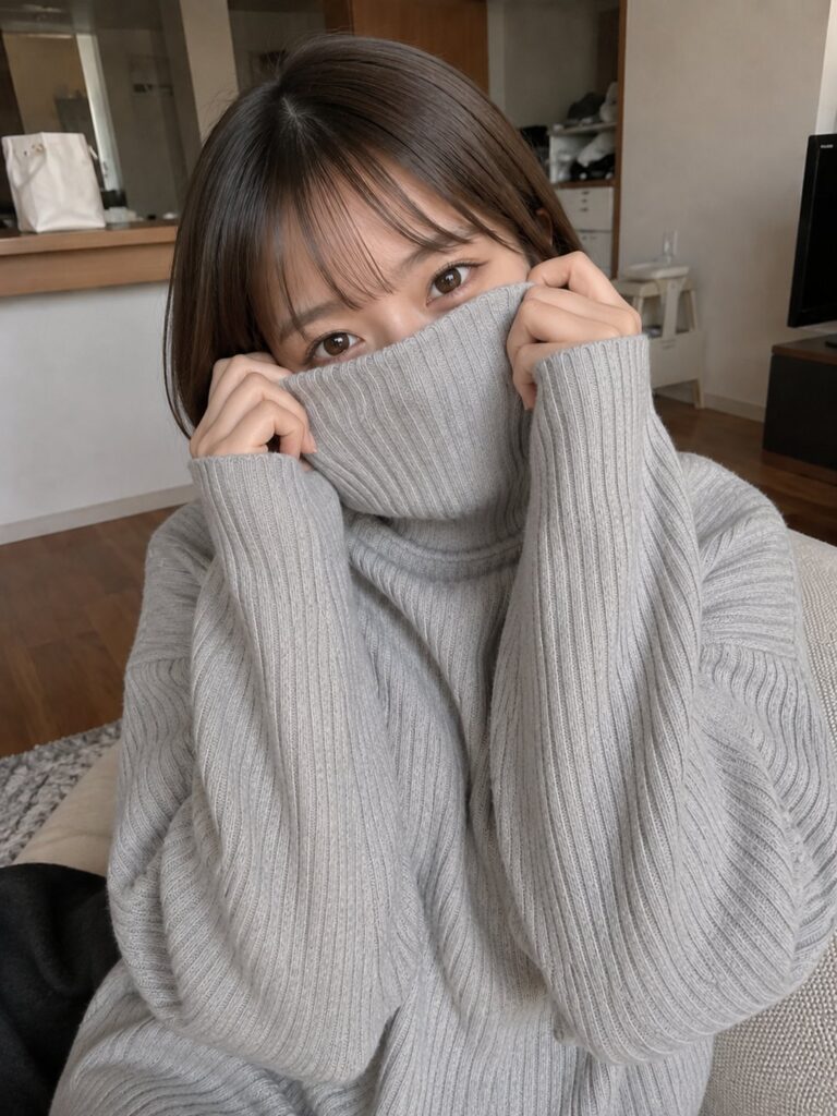 Japanese Woman Oversized Turtleneck Portrait | 日系偶像风短发少女高领毛衣写真 3 Nanobanana Pro 生成 日系偶像风短发少女高领毛衣写真 - AI绘画提示词