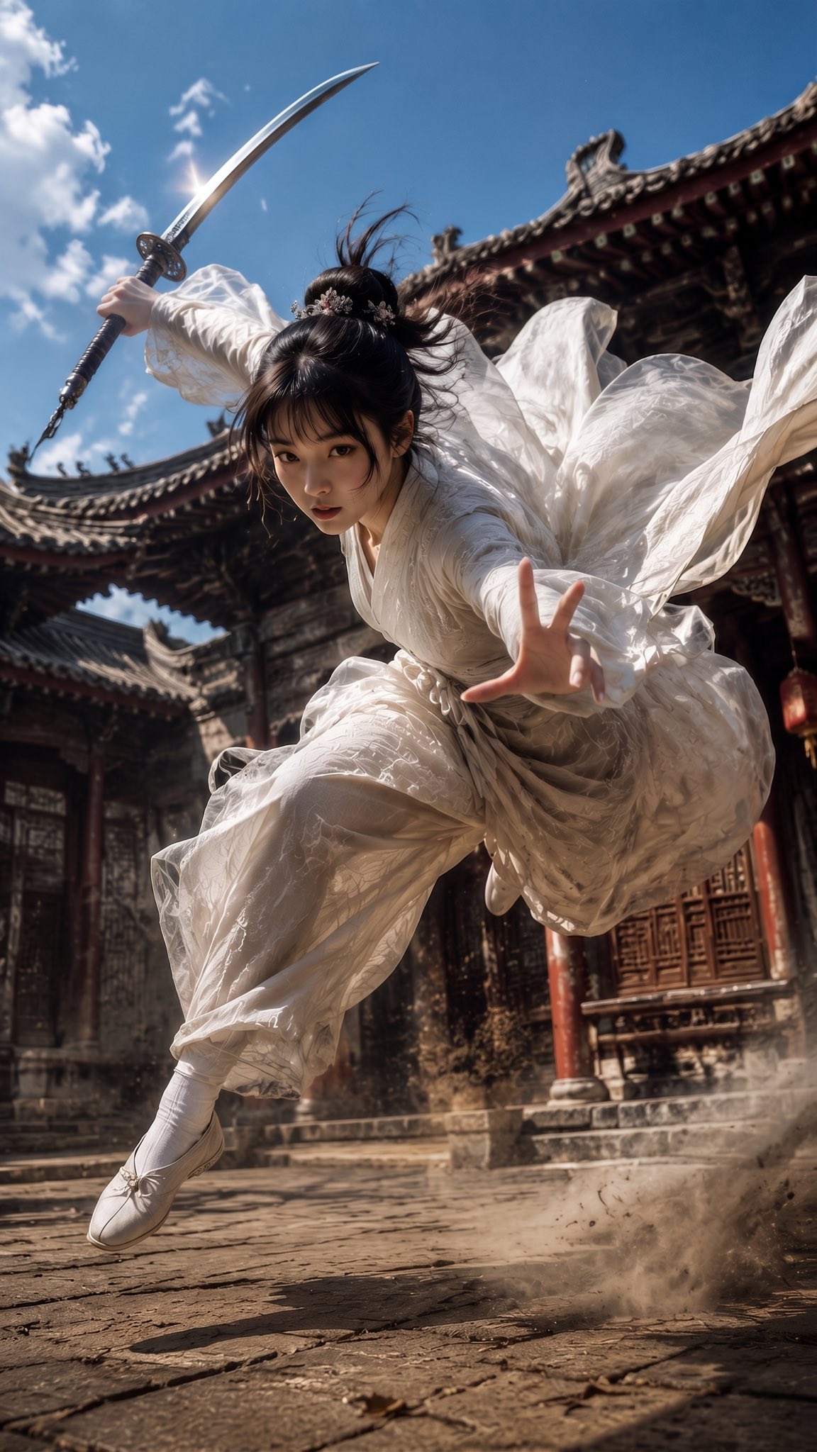 Nanobanana Pro 生成 超写实中国武侠白衣女侠动作摄影 - AI绘画提示词