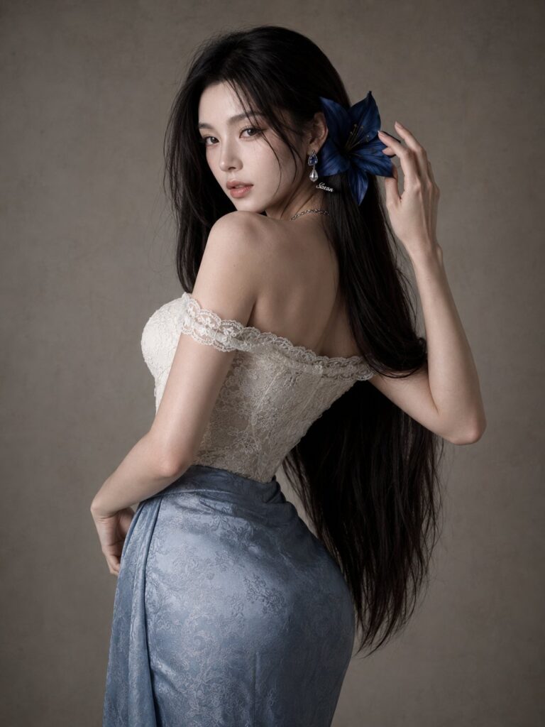 Minimalist Gray Wall East Asian Female Fashion Portrait | 极简灰墙东亚女性蓝花时装人像 5 Nanobanana Pro 生成 极简灰墙东亚女性蓝花时装人像 - AI绘画提示词