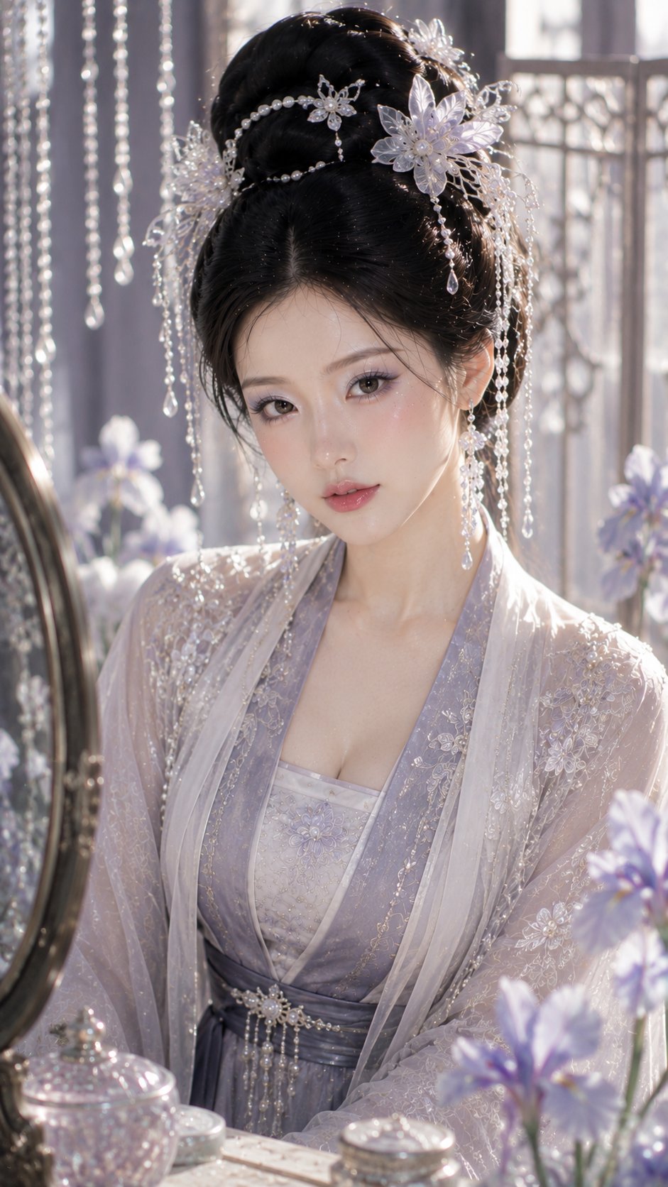 Nanobanana Pro 生成 东方古典贵女鸢尾雾银珠光美妆写真 - AI绘画提示词
