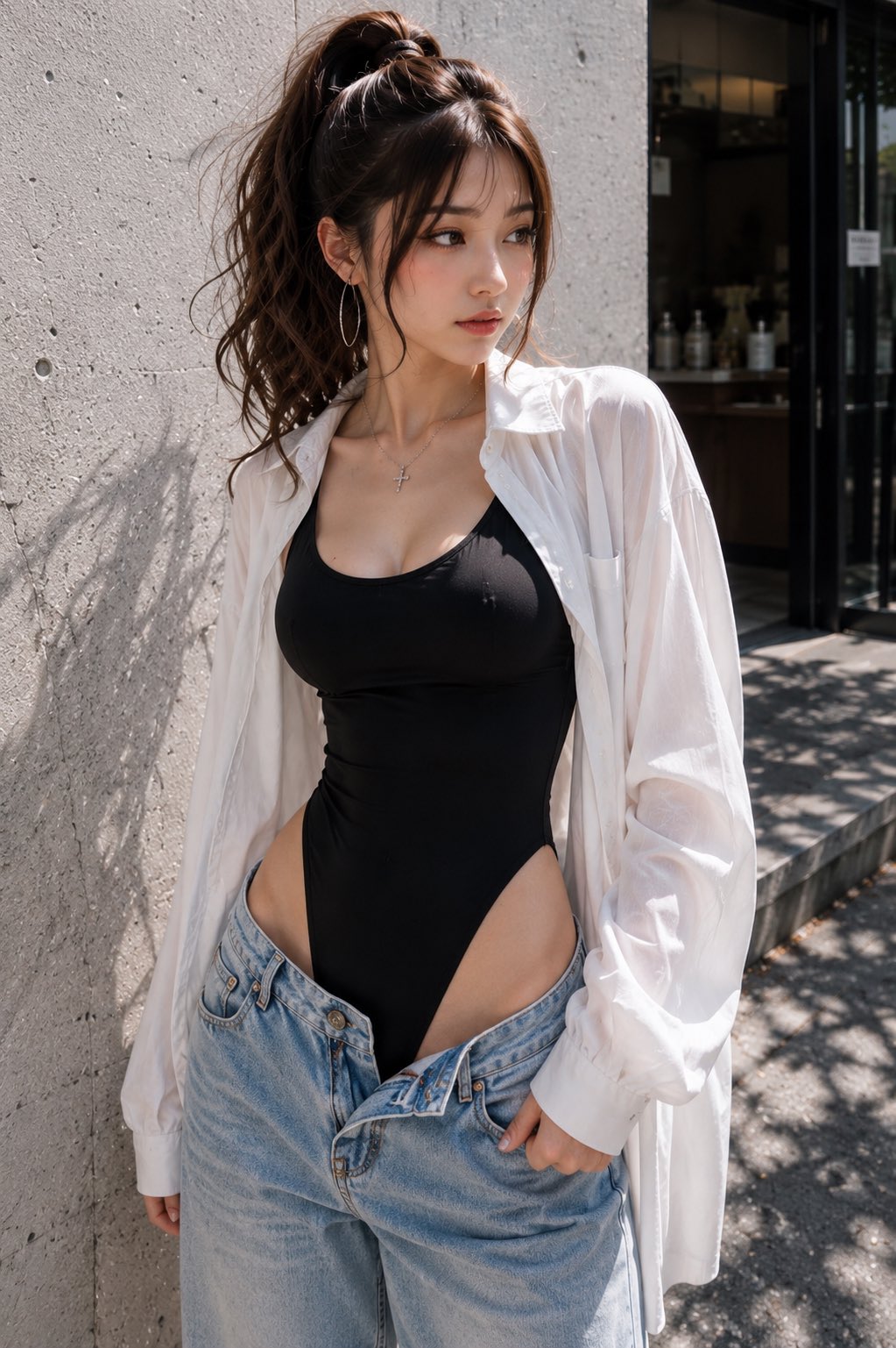 Nanobanana Pro 生成 日系街拍Y2K时尚混凝土墙边日本女性 - AI绘画提示词