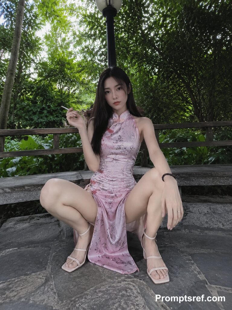 Smartphone Style Pink Qipao Garden Portrait | 庭院凉亭中的粉色旗袍少女手机摄影 3 Nanobanana Pro 生成 庭院凉亭中的粉色旗袍少女手机摄影 - AI绘画提示词