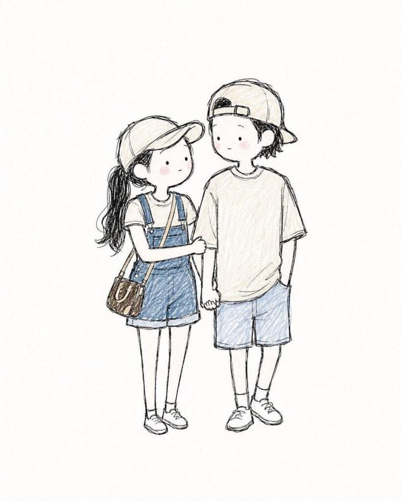 Hand Drawn Colored Pencil Couple Illustration Sketchbook Style | 治愈系手绘彩铅风格情侣插画 4 Nanobanana Pro 生成 治愈系手绘彩铅风格情侣插画 - AI绘画提示词