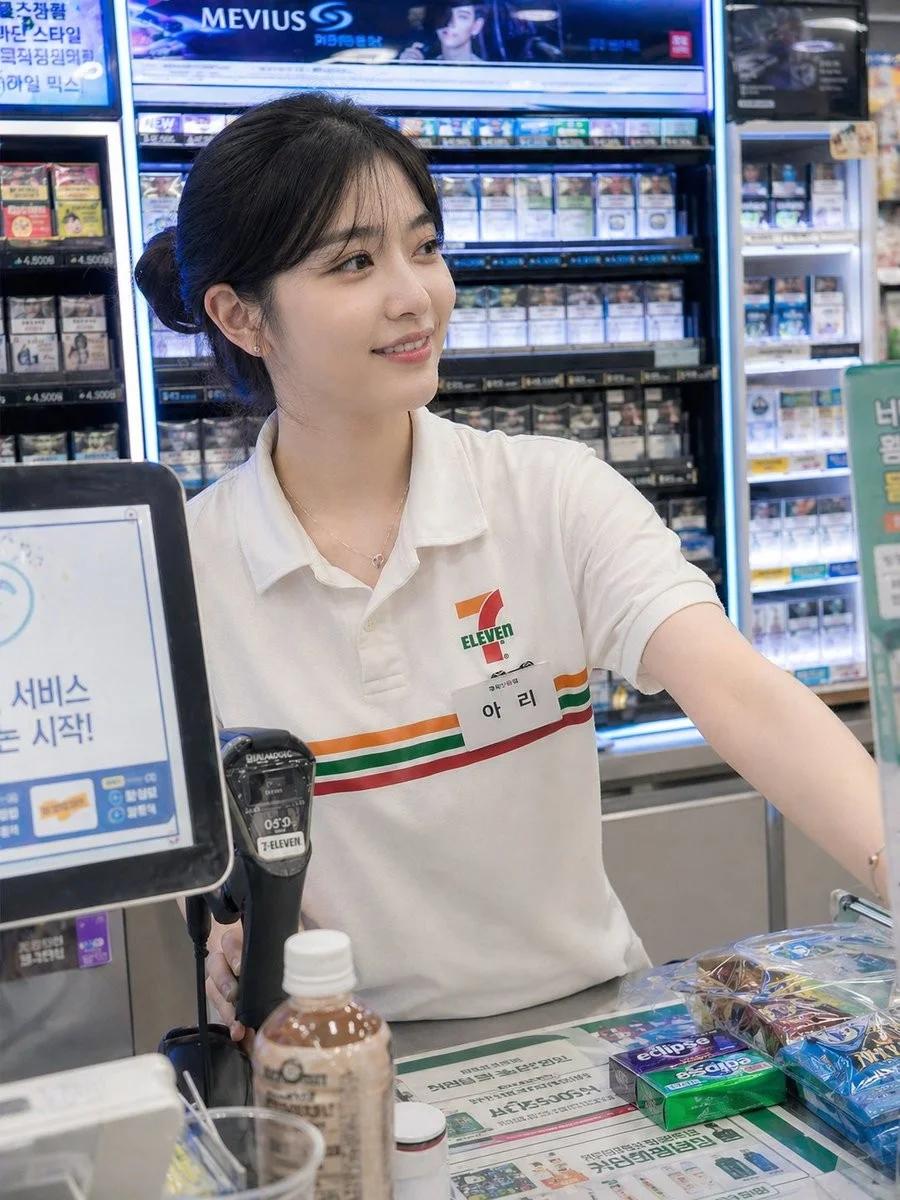 Nanobanana Pro 生成 韩国便利店年轻女收银员写实抓拍 - AI绘画提示词