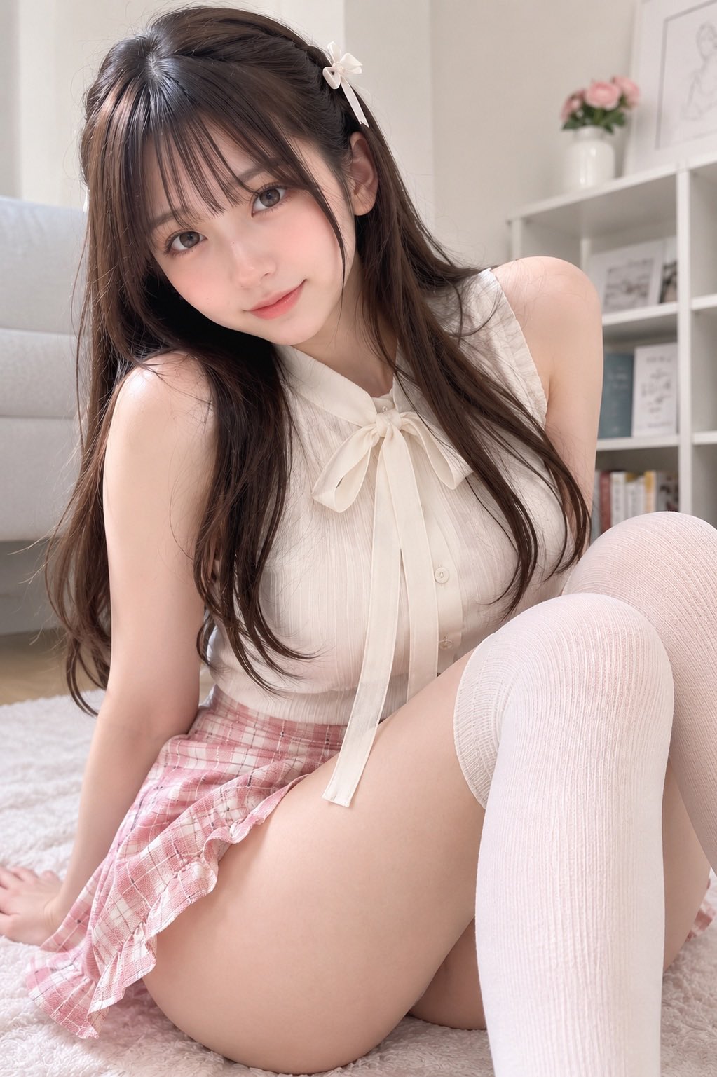 Nanobanana Pro 生成 室内地毯上的日本女性生活感写真 - AI绘画提示词