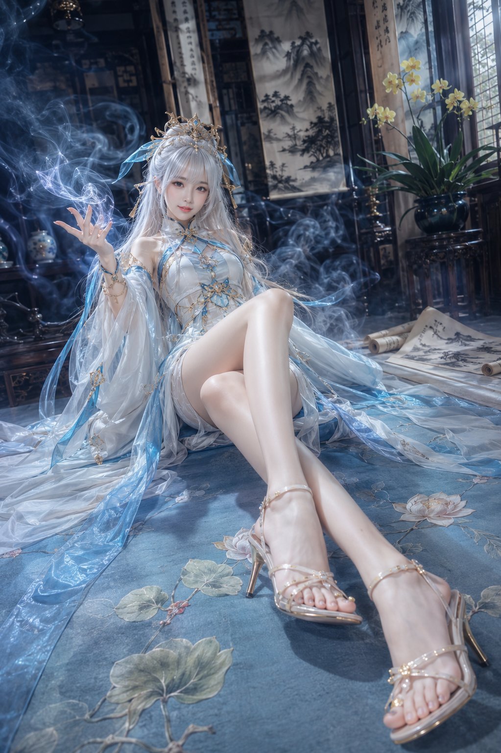 Nanobanana Pro 生成 仙侠风银发女子室内人像摄影 - AI绘画提示词
