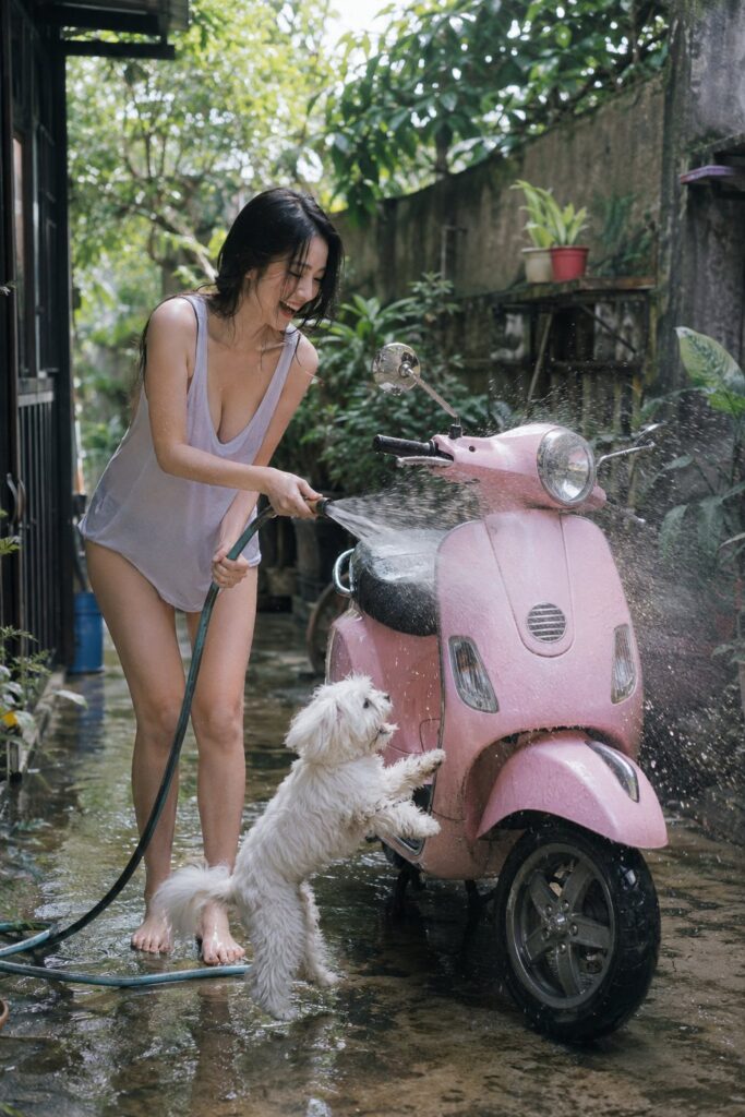 Nanobanana Pro 生成 户外洗摩托车的女性与马尔济斯犬 - AI绘画提示词