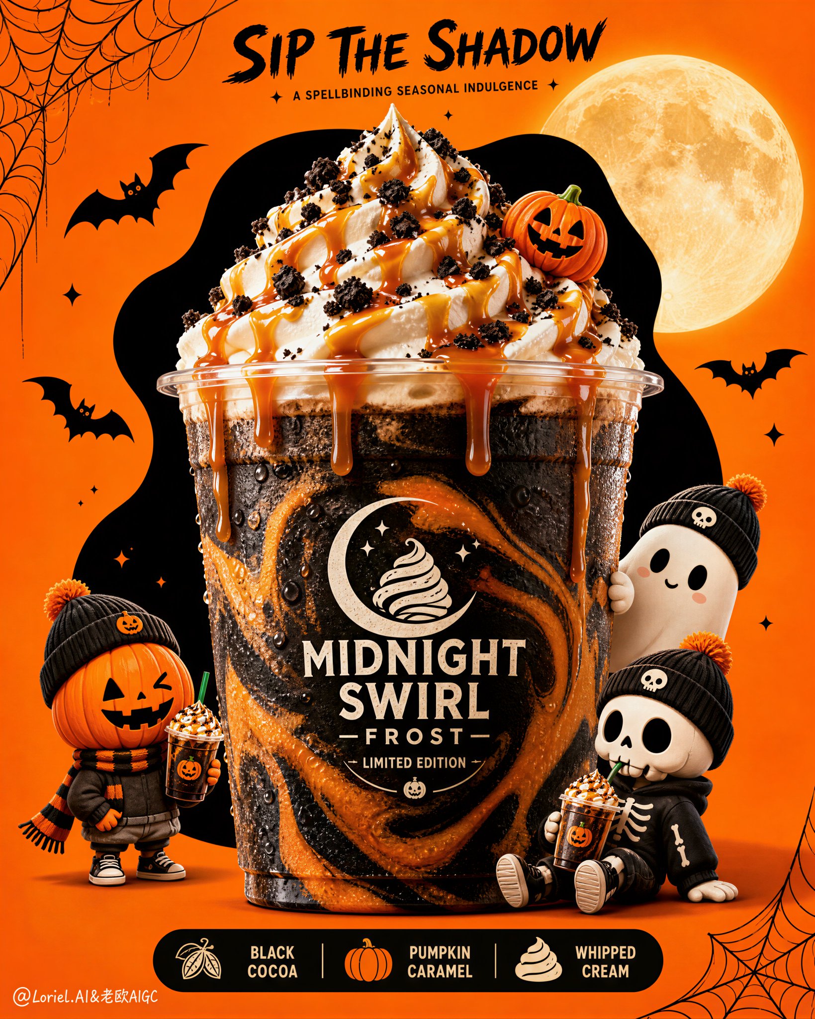 Premium Halloween Midnight Swirl Beverage Poster | 午夜旋涡万圣节限定饮品商业海报 2 Nanobanana Pro 生成 午夜旋涡万圣节限定饮品商业海报 - AI绘画提示词