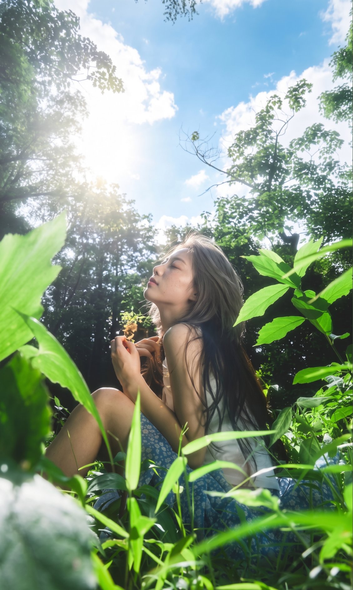 Nanobanana Pro 生成 森林低视角手握苹果女性写真 - AI绘画提示词