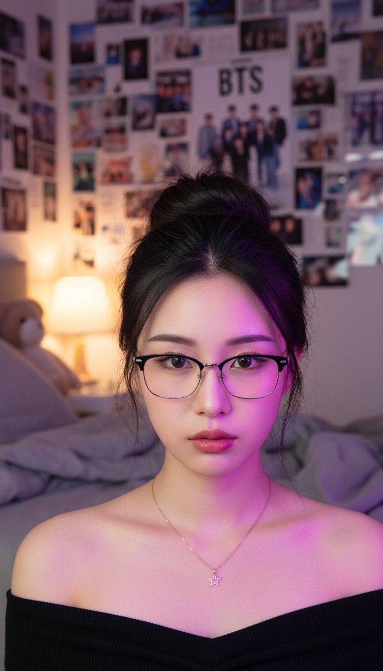 Nanobanana Pro 生成 紫色氛围卧室中的黑银框镜东亚少女 - AI绘画提示词