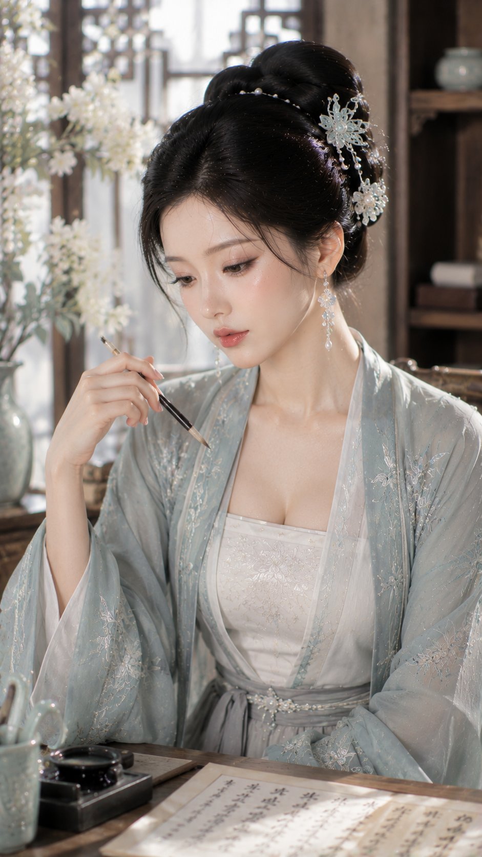 Nanobanana Pro 生成 东方古典书卷气女性美妆近景写真 - AI绘画提示词
