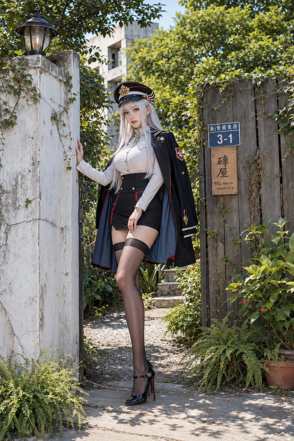 Nanobanana Pro 生成 银发军装风东亚少女园林全身人像 - AI绘画提示词