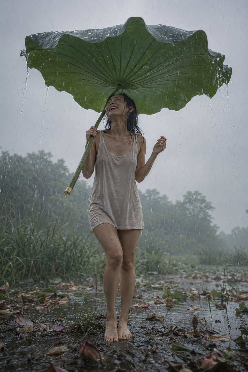 Nanobanana Pro 生成 湿地雨中手持巨型荷叶的日本女性 - AI绘画提示词