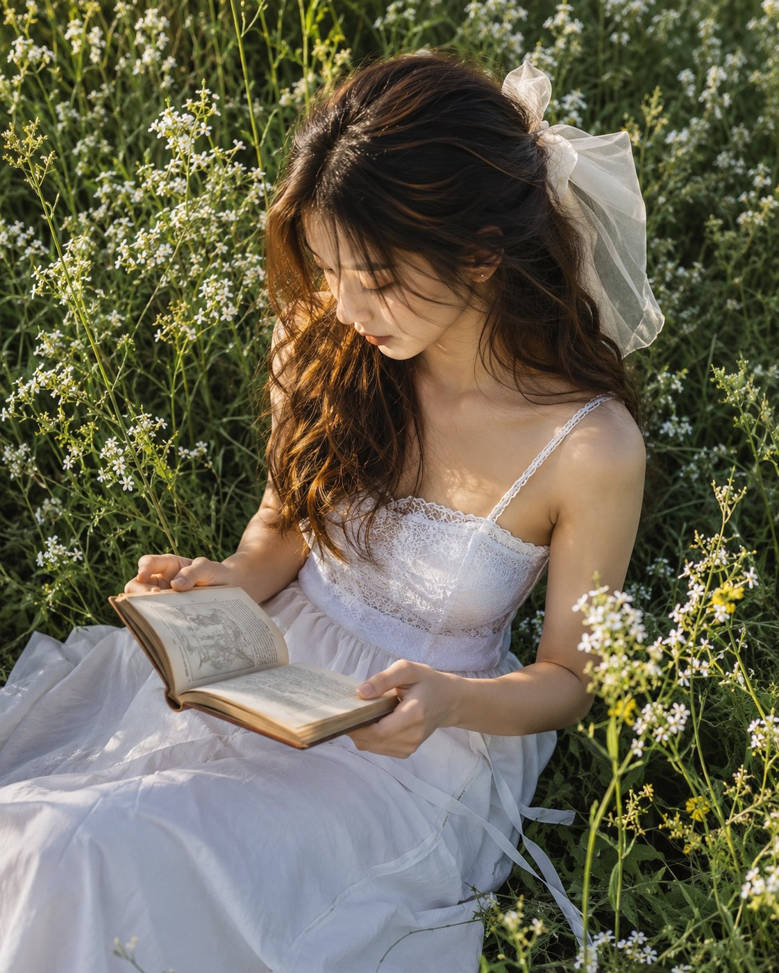 High End Lifestyle Woman Reading Wildflower Meadow | 花丛中阅读的优雅女性写真 2 Nanobanana Pro 生成 花丛中阅读的优雅女性写真 - AI绘画提示词