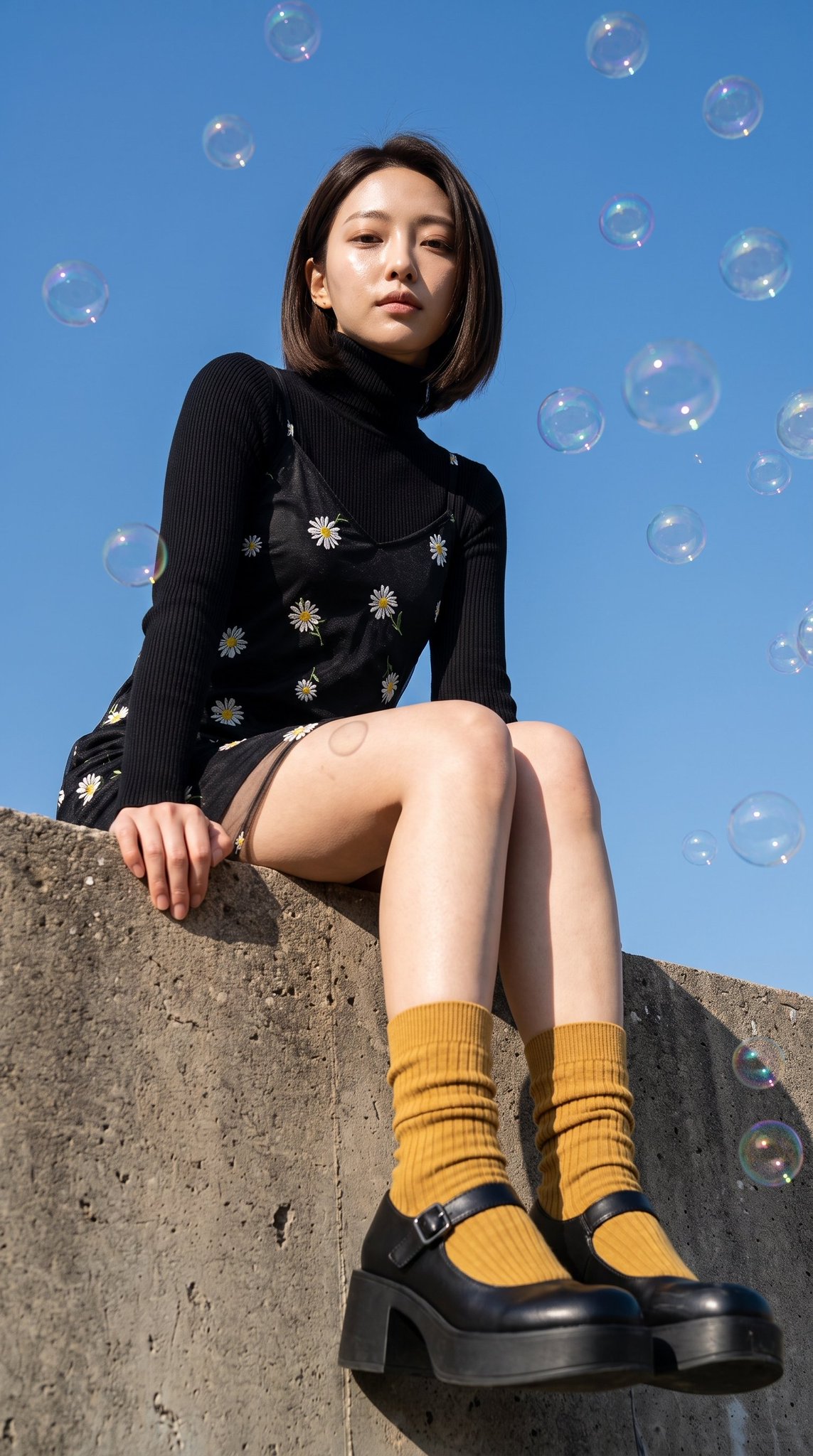 Nanobanana Pro 生成 气泡中坐在岩石上的女性写实摄影肖像 - AI绘画提示词