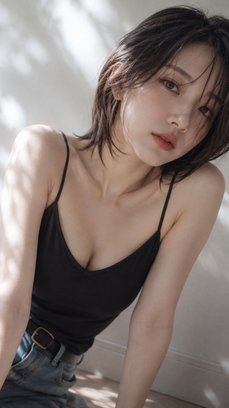 Nanobanana Pro 生成 极简室内黑衣日本女性纵向人像 - AI绘画提示词