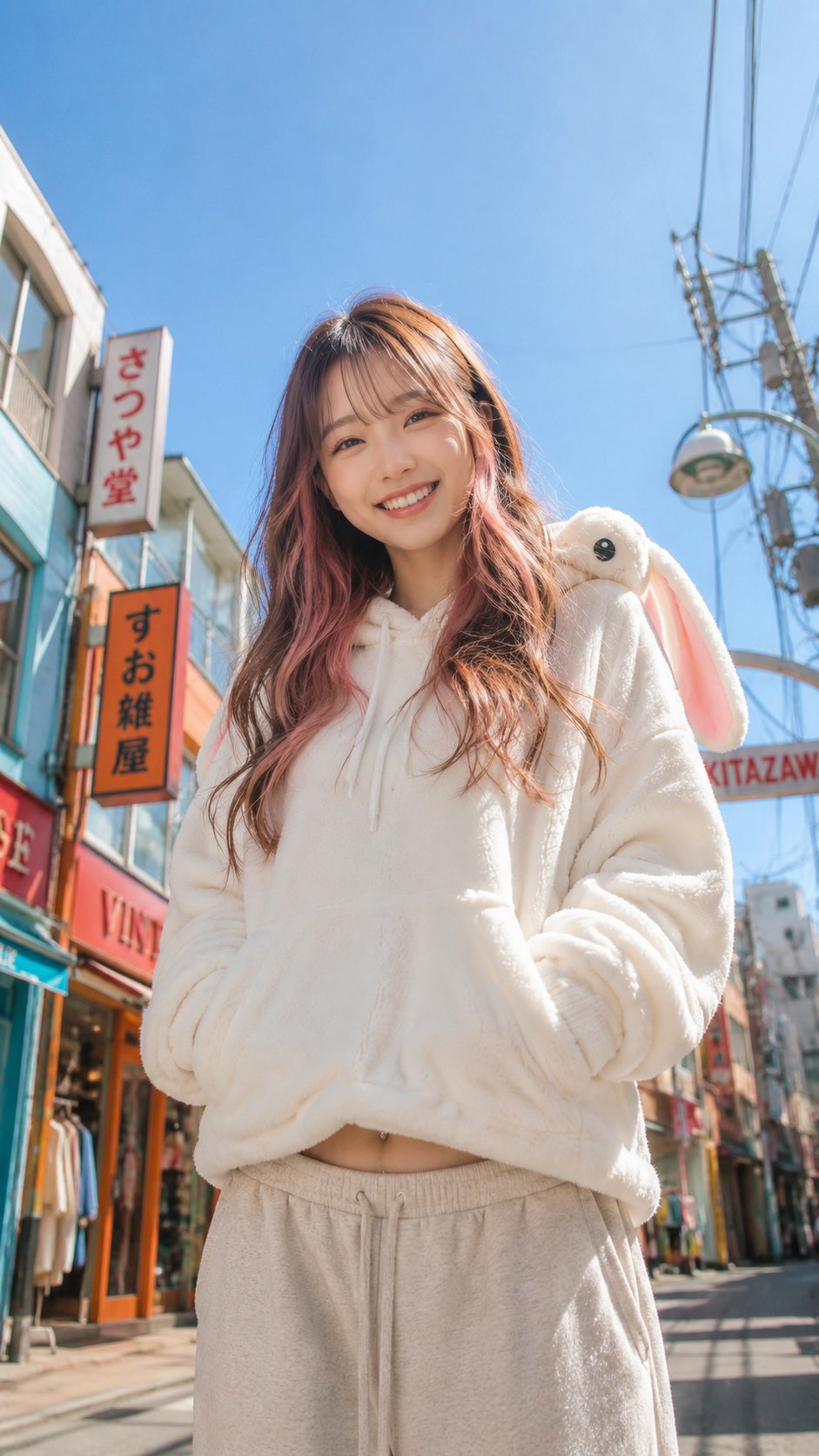 Nanobanana Pro 生成 下北泽街头兔耳连帽衫少女半身像 - AI绘画提示词