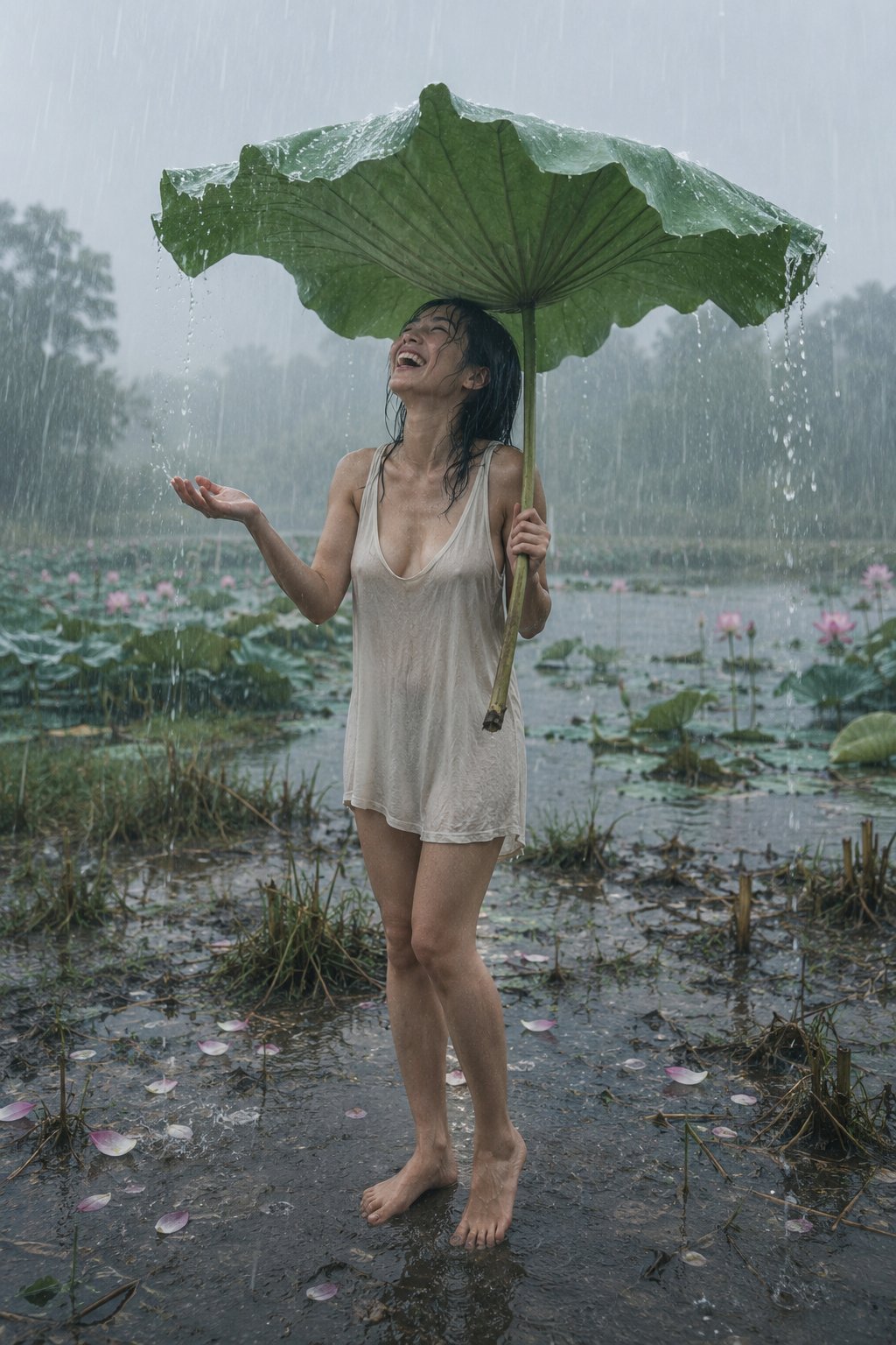 Nanobanana Pro 生成 雨中撑荷叶的日本女性电影感写实摄影 - AI绘画提示词